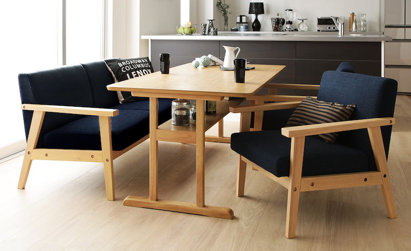 棚付きのテーブル＋カラー豊富な木肘ソファでおしゃれな北欧インテリアダイニング4点セット テーブル幅120cm Sugure Interior  送料無料・業界最安値